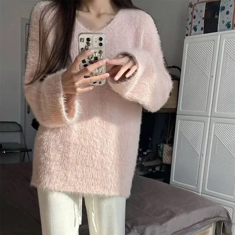 Korean Elegant Fashion Knitted Sweater Women\'s 2022 Autumn Winter New V Neck Loose Solid Color Pullover Sweater Bottoming Shirt