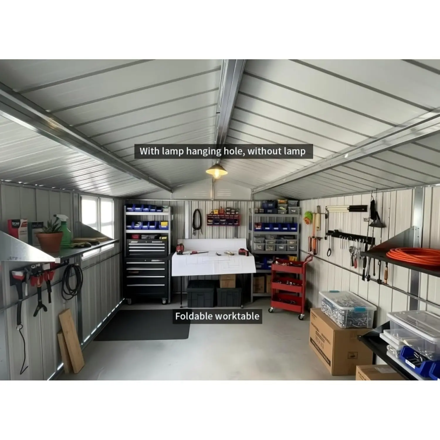 12x10ft Metal Garden Shed with Lamp Hole, Foldable Worktable & 2 Shelves for Patio Yard Lawn, Customized