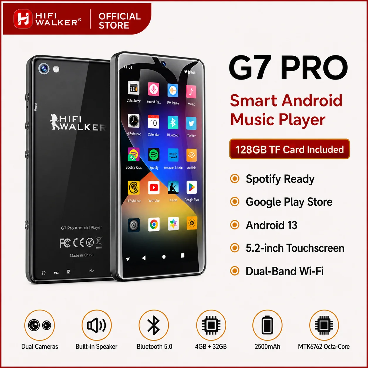 (32G+128G)Android 13 Music Player MP3 MP4 with WiFi Bluetooth Lossless FLAC Spotify Tidal 20H Playback HiFi Walker G7PRO