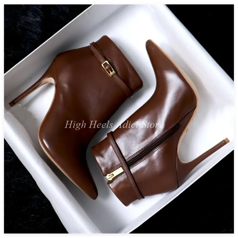 Sexy Brown/Black/White Leather Ankle Boots Women's Big Size Good Quality High Heels Zipper Booties Luxury Designer Party Shoes