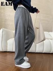 [EAM] High Elastic Waist Gray Color-block Long Wide Leg Elegant Pants New Trousers Women Fashion Tide Spring Autumn 2024 1DH7879