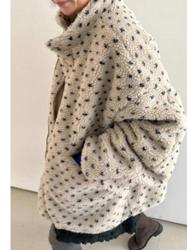 Jaket Wanita Korea Sle Thiened Cotton Desain Longgar Hangat dengan Kerah Bulu Domba Pola Hati untuk Musim Dingin.