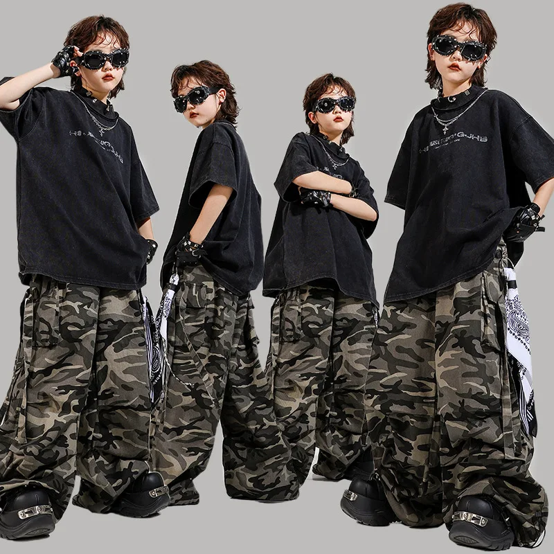 

Kid Kpop Hip Hop Clothing Black Mock Neck T Shirt Top Camo Casual Strap Parachute Cargo Pants for Girl Boy Dance Costume Clothes
