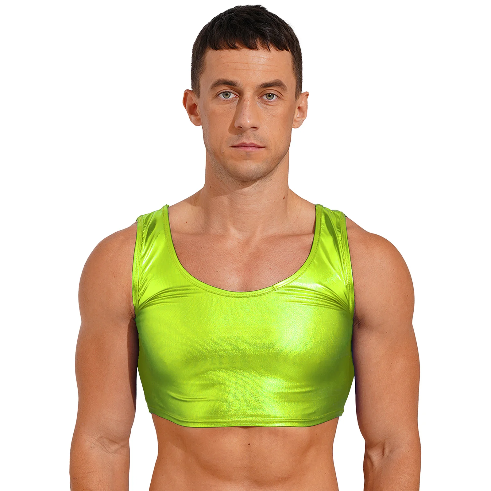 Mens Sleeveless Vest Tank Top Rave Party Bar Clubwear Fashion Shiny Metallic Scoop Neck Tank Crop Top Pole Dance Costume