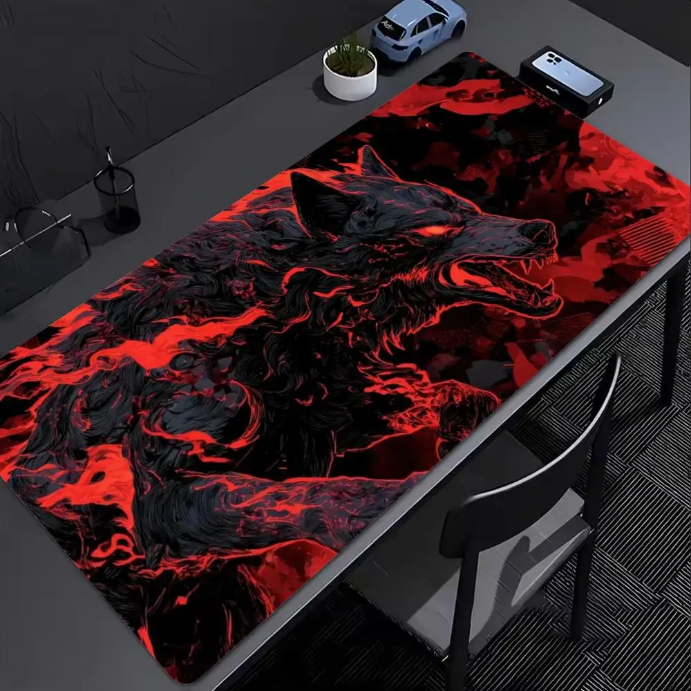 Dark Wolf XXL Gaming Mouse Pad Red Flame Blood Moon Deskmat Non-Slip Rubber Keyboard Mat Anime Large Computer Gamer Mousepad