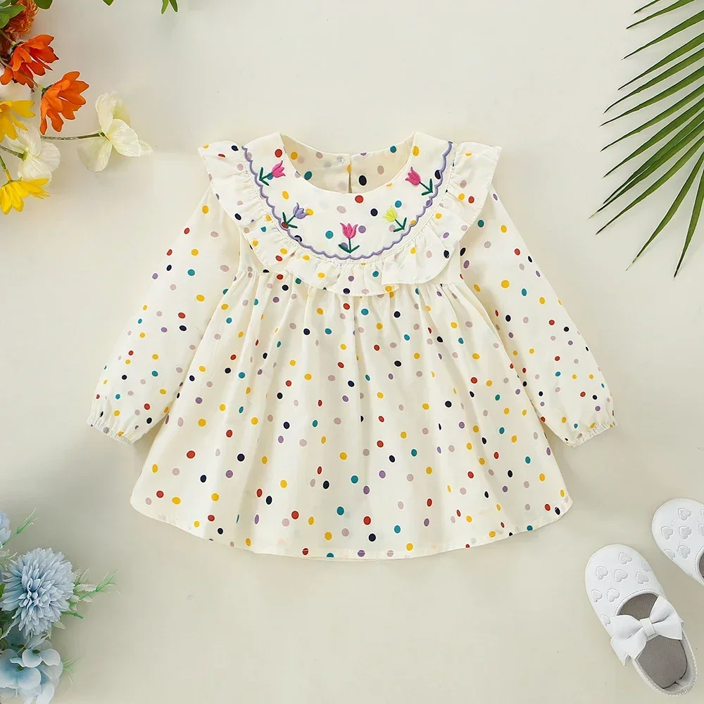 Autumn/Winter New Girls\' Dress Lapel Lace Ruffle Embroidery Tulip Color Polka Dot Sweet Princess Dress (0-3 Years Old Girls)