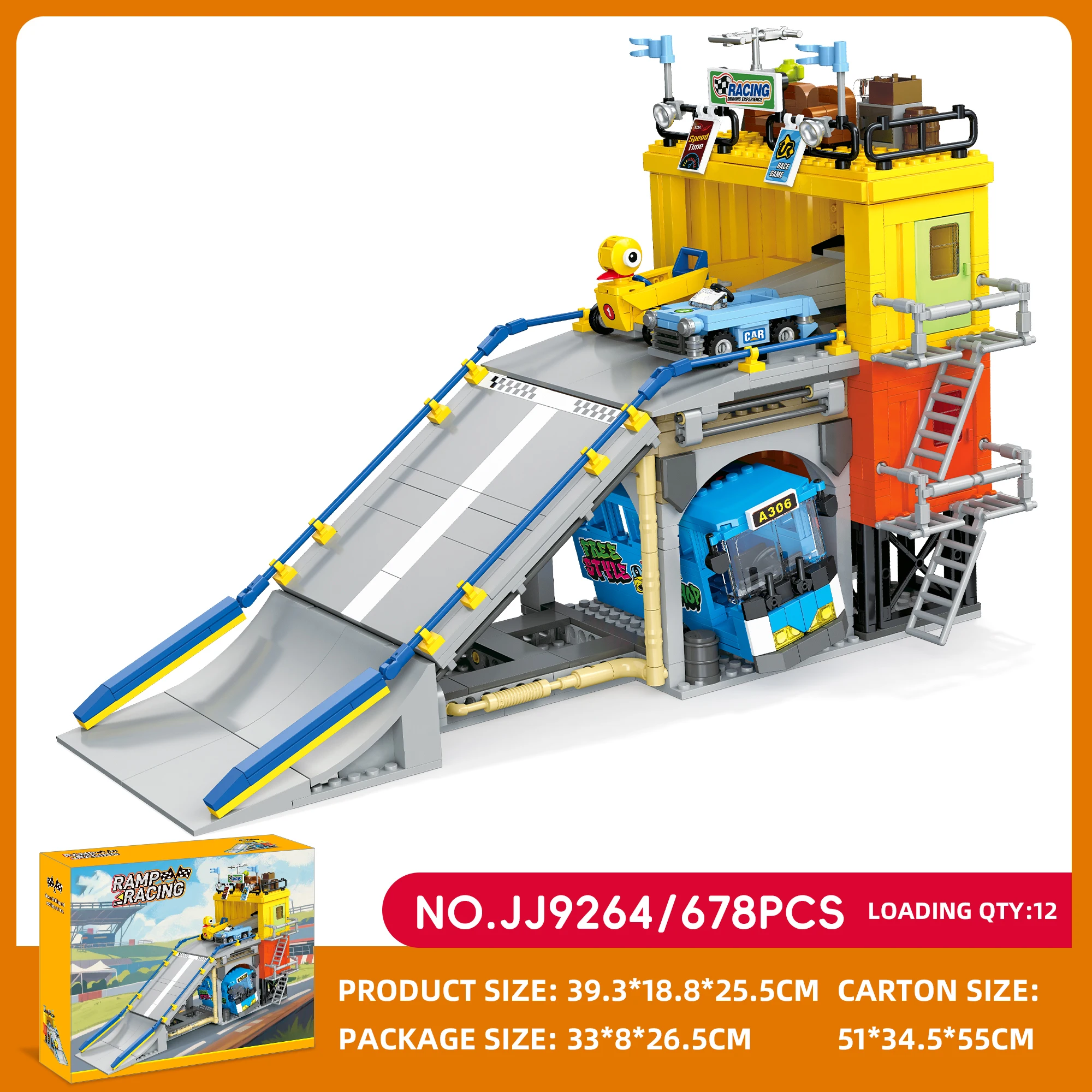 

Cool Ramp Racing Building Blocks Set Container Arena Track DIY Assembly Toy with Cartoon Cars STEM Educational Gift for Boys