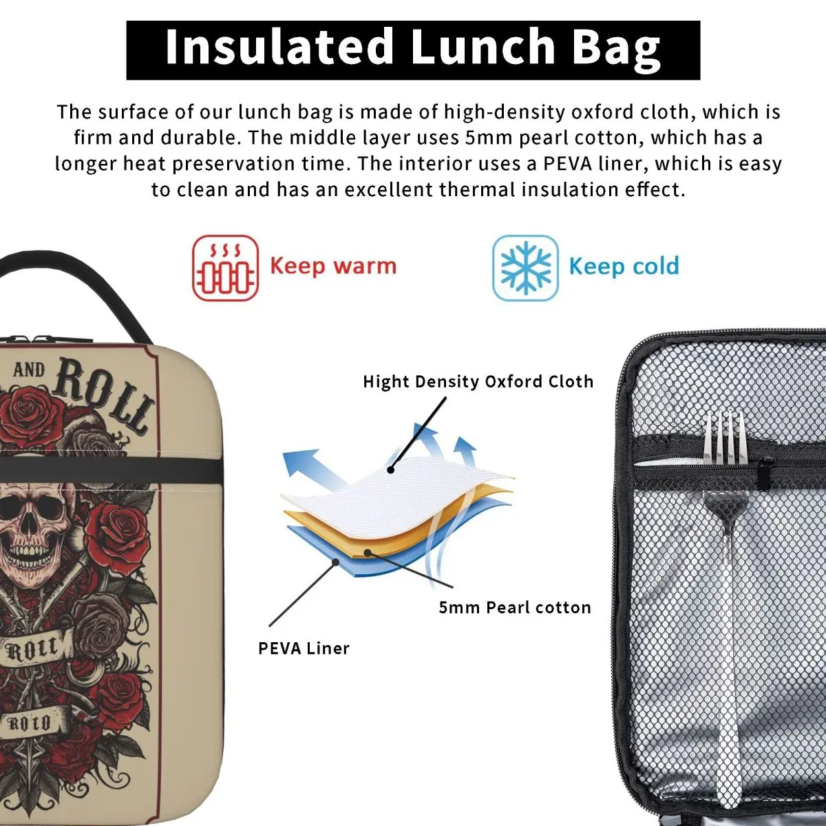 Crazy Rock Skull Rose Insulated Lunch Bag for Women Children Portable Food Boxes Thermal Lunch Box Tote