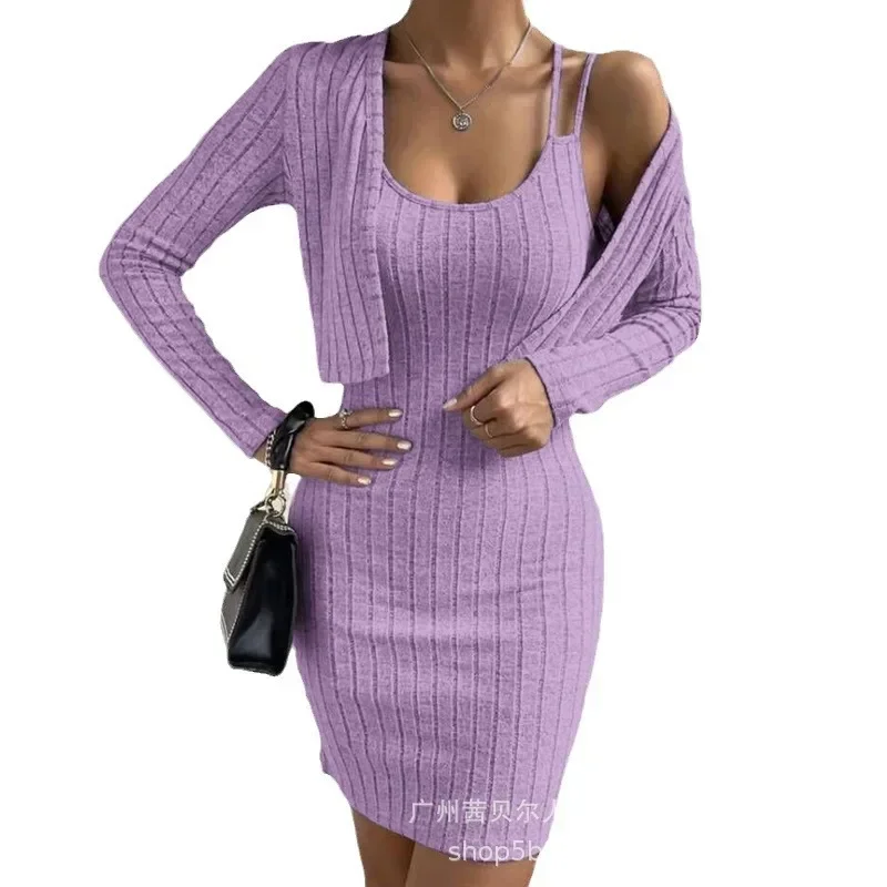 Tight Dress 2pcs Sets Outfits Sheath Dress Sets Trend Long Sleeve Cardigan Tops Women Long Sleeve Sling Grey Tops Bodycon Dress