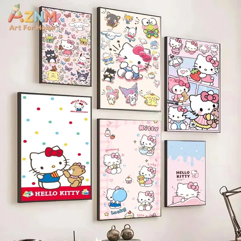 Sanrio Cute Cartoon Characters Poster Hello Kitty My Melody Butterfly Floral Pink Background Canvas Wall Art No Frame Girls Room