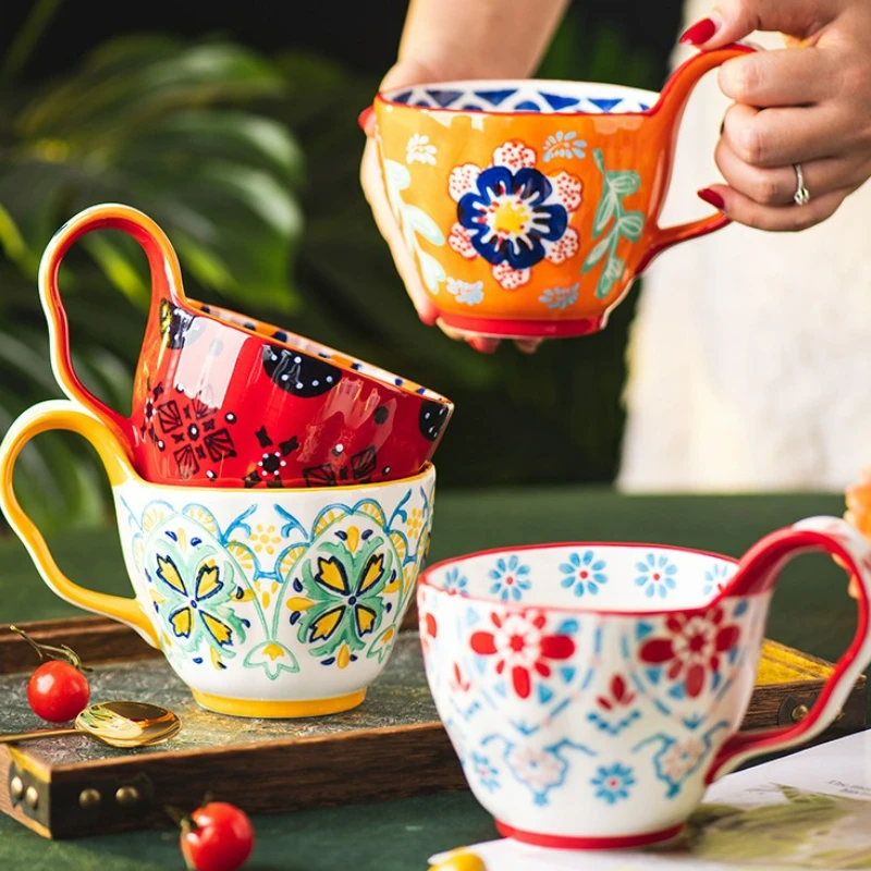 

Ceramic Cup Cups Hand Painted Floral Pattern Retro Coffee Cup with Handle Home Breakfast Milk Cup Holiday Gift for Couples New
