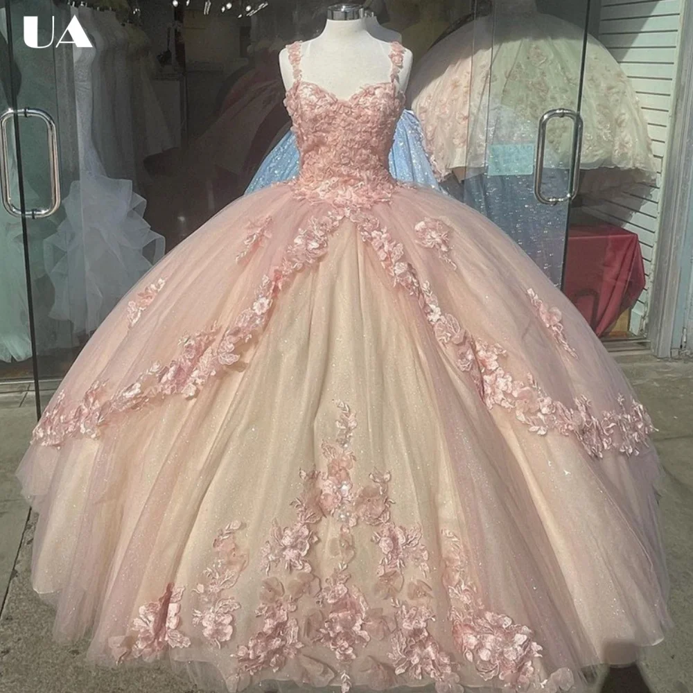 

ULBYANRY Customized A-line 3D Flower Sweet 15 Dress for Woman Romantic Tulle Quinceanera Dress Elegant Spaghetti Strap Ball Gown