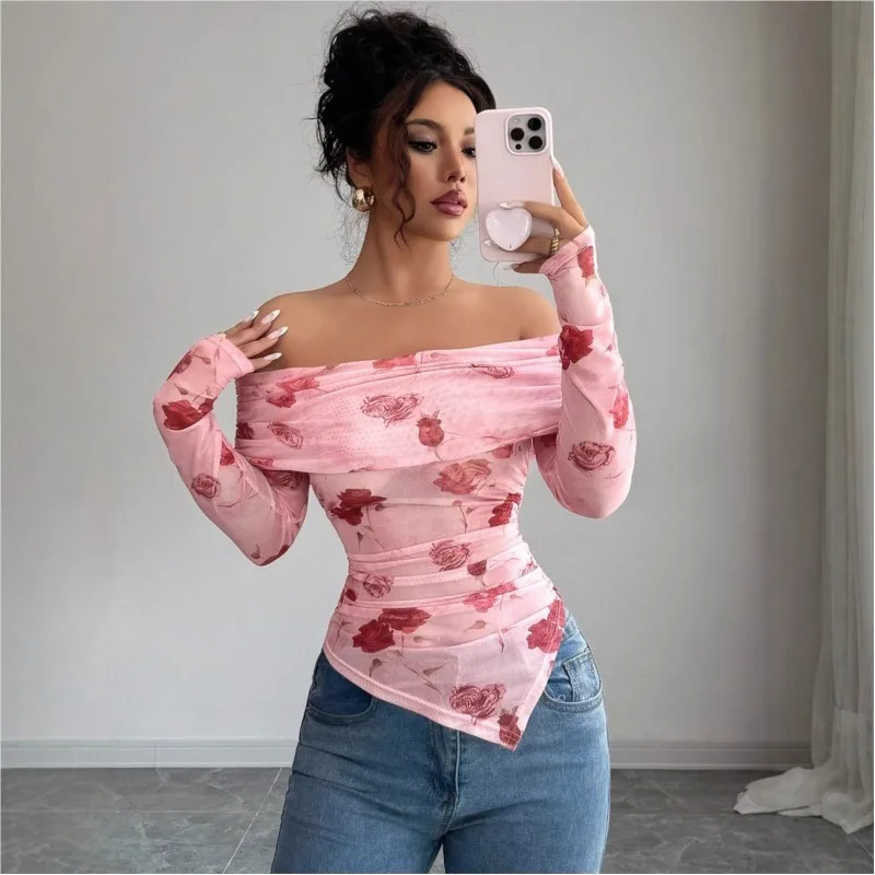 New Autumn And Winter T Shirt One-shoulder Collar Slimming And Form-fitting Irregular Pleated Edges And Versatile Printed Top