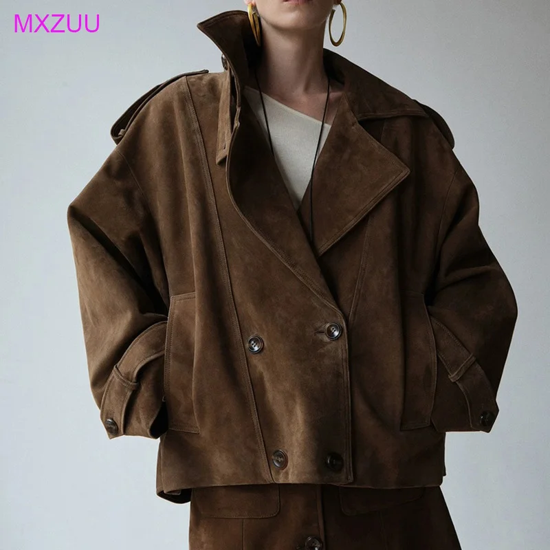 

Real Cow Suede Leather Jacket Fall Winter Women Korean Style Maillard Brown Double Breasted Belted Cuffs Workwear Oversized Coat