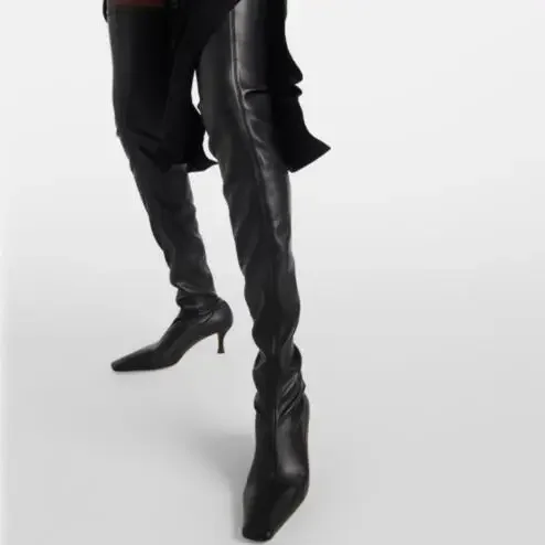 New Woman Black Leather Square Toe Slim Thin Heels Over The Knee Boots Female Run Way Slip On Thigh Long Botas Shoes Size 32