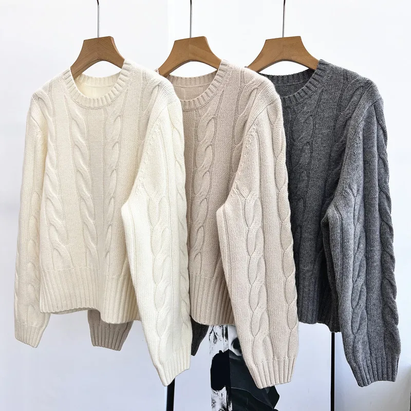 New 2024 Autumn And Winter Women'S Pullover Round Neck Long Sleeve Solid Color Twist Loose Casual Cashmere Thick Knitted Sweater