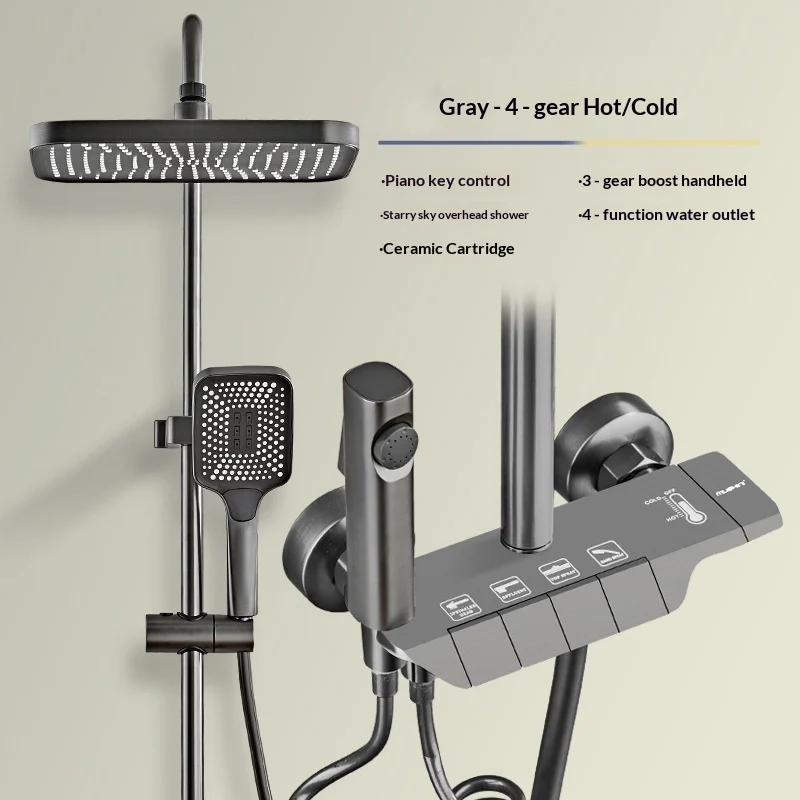 Grey Shower System High Pressure Piano Button Digital Shower Faucet Set Intelligent Temperature Display Rainfall Shower Head Set