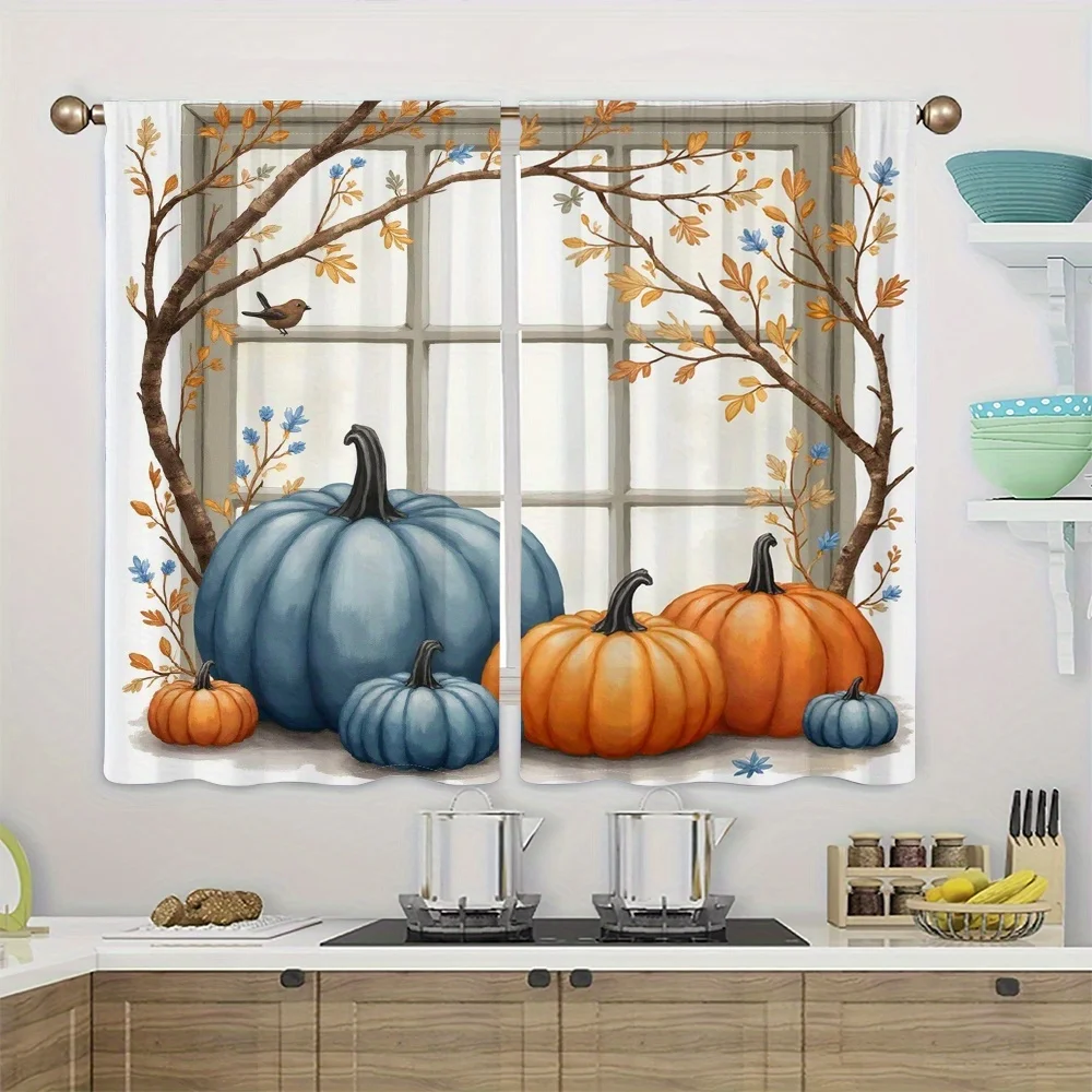 Thanksgiving Fall Kitchen Curtains, Pumpkin Branch Bird, Digital Print, Kitchen Dining Room, Rod Pocket Polyester, Home Decor