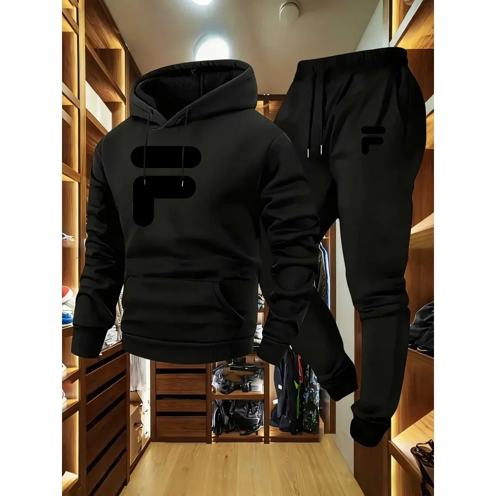 Men's F-Black Pattern Hooded Sweatshirt and Jogging Pants Set - Urban Street Style, Soft, Warm, Comfortable,casual Sports Outfit