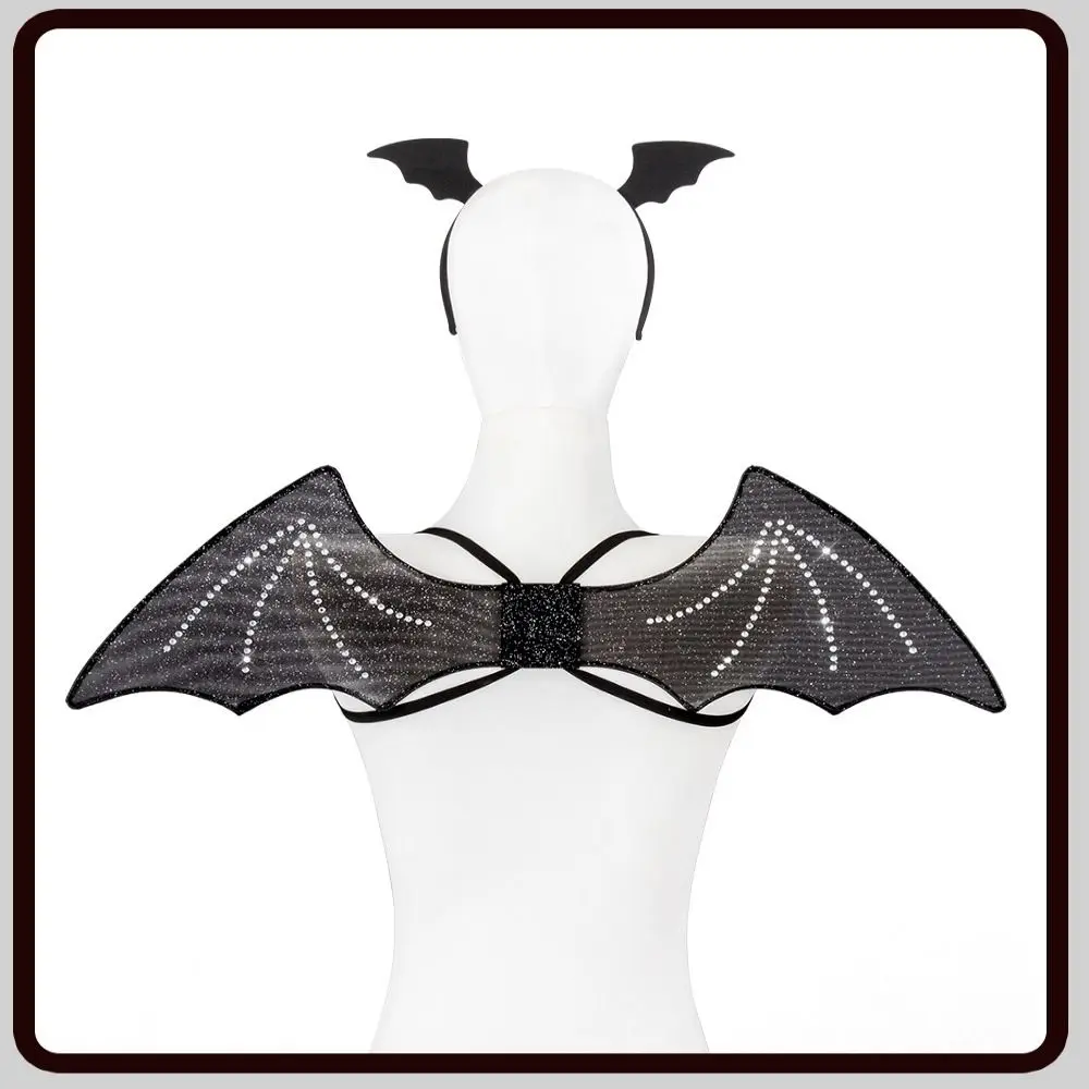 グリッターバットヘッドバンド羽セット折りたたみ式ブラックバットコスチュームキット鉄線弾性ショルダーストラップハロウィンコスプレ衣装