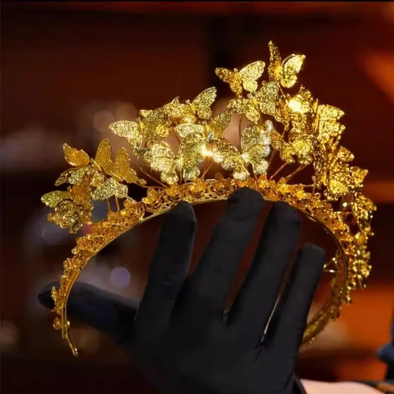 Anti-gold Half-crown New Vintage Golden Butterfly Phoenix Crown Chinese Festive Toast All-match Women's Handmade Headwear