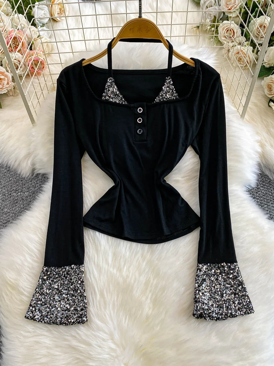 レディース スリムフィット Tシャツ ベルスリーブとスクエアカラー スパンコール パッチワーク カジュアルスタイル ハイウエストデザイン 秋トップ