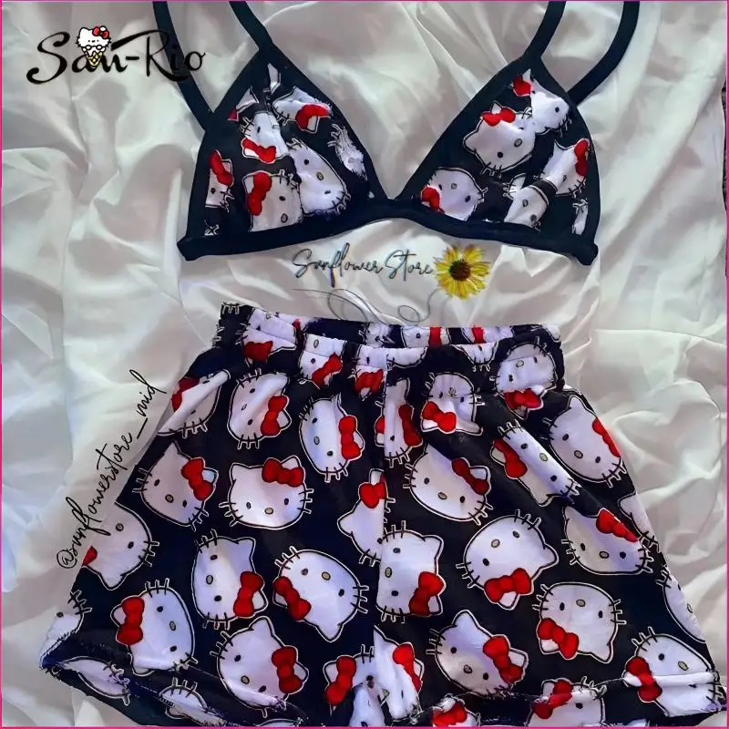 

2Pcs Hello Kitty Women Pajamas Set Casual Sleepwear Sanrio Split Strap Adjustable Sexy Plush Underwear Summer Lounge Home Wear