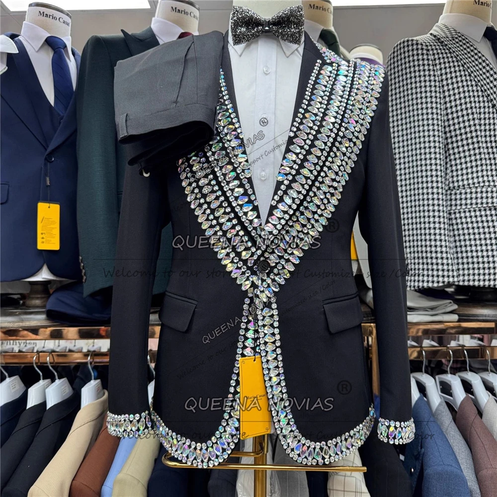 

Блестящие камни из бисера Свадебные смокинги для жениха Индивидуальные пиджаки с остроконечными лацканами для выпускного вечера Роскошный комплект из 2 предметов Костюм Мужские облегающие наряды