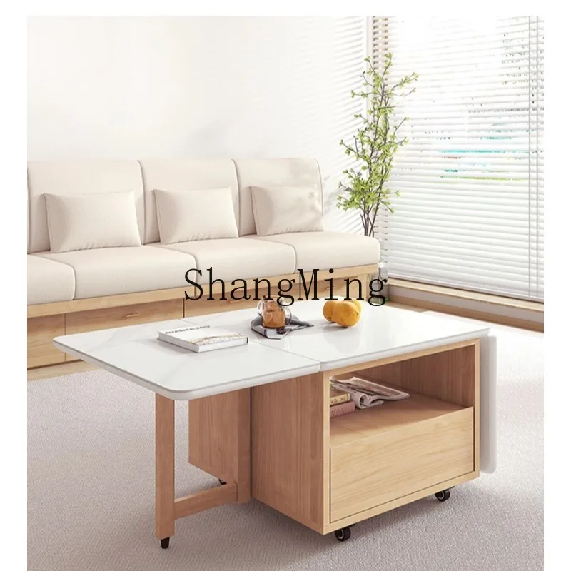 ZHB small apartment solid wood movable folding coffee table rock slab simple modern small living room side table dual-purpose