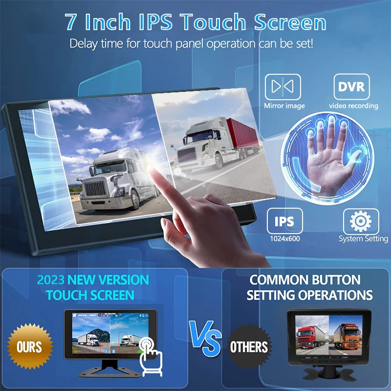 7 inch Truck DVR System BSD Sound and Light Alarm 2CH 1080P Night Camera Touch Screen MP5 BT AHD Monitor 24H Parking Recorder