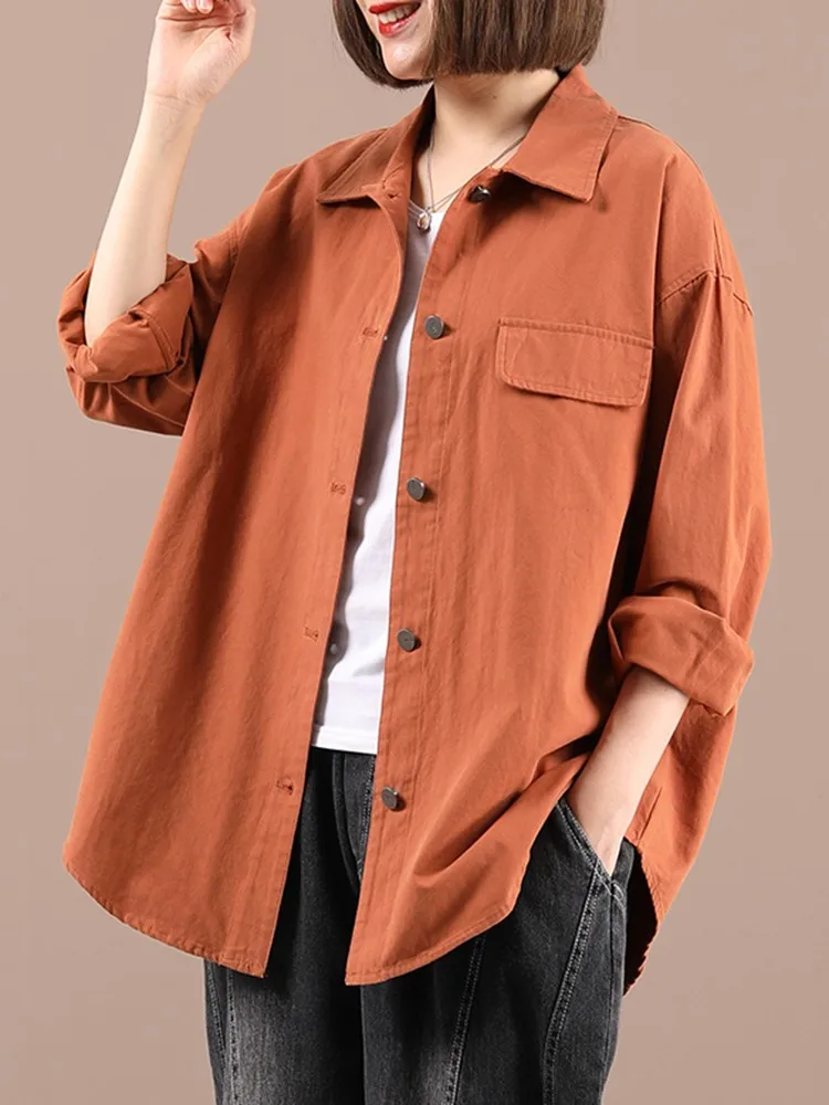 100% Cotton Women Long Sleeve Casual Shirts New Arrival 2022 Autumn Vintage Style Solid Color Loose Female Outerwear B2134