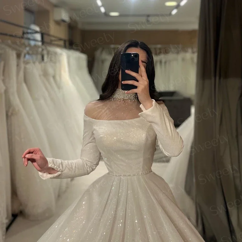 High-Neck Wedding Dress Organza With Embroidery Sequins Ball Gown Full Sleeve Prom Dress Back Button Vestido De Novia Customized