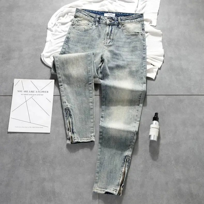 Cargo Old Retro Light-colored Trousers Zipper Jeans Men's New Trendy Elastic Slim-fitting Small-footed Trousers Denim Man Pants