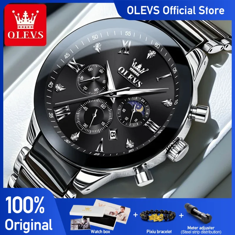 OLEVS Men\'s Watches Classic Fashion Design Original Wristwatch for Man Chronograph Ceramic Strap Waterproof Luminous Moon Phase