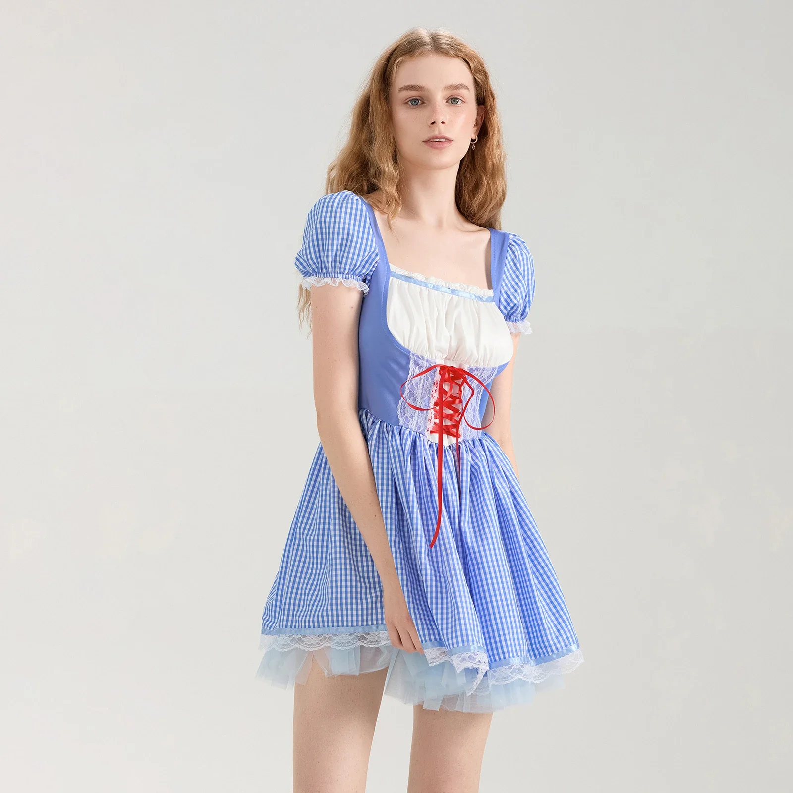 hirigin Women Halloween Kawaii Tulle Dress Costume Blue White Lace Plaid Gingham Bandgae Fairy Mini Dress Adult Cosplay Costume