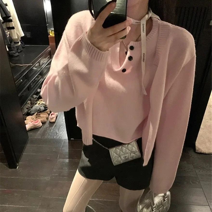 

Women Clothing Autumn Winter Fashion Simplicity Button Solid Color O-neck Knitting Fake Two Pieces Female All-match Sweater Pull