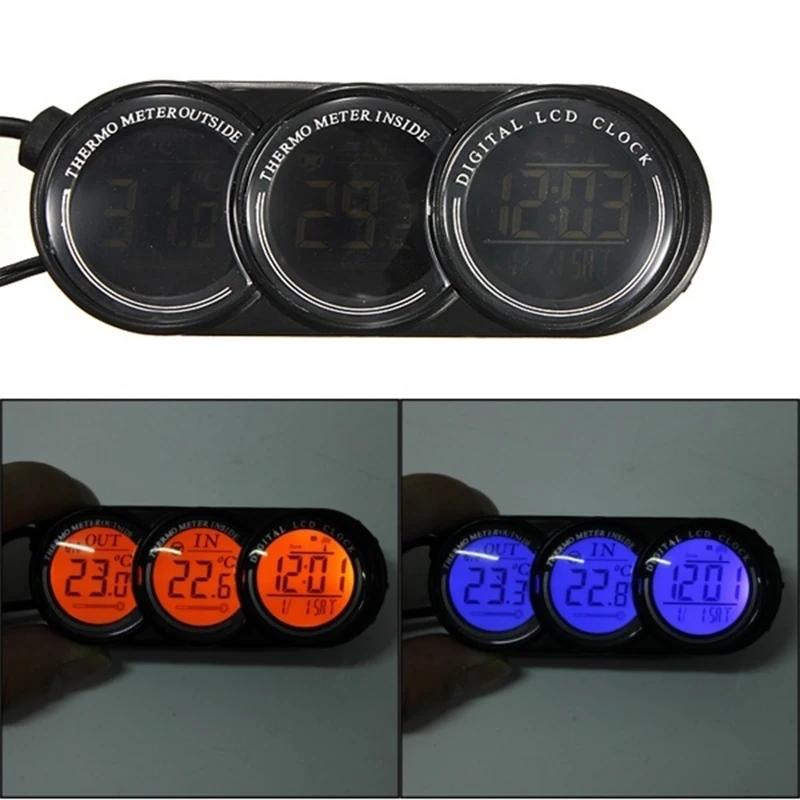 12V-24V 3 in 1 Auto Car LCD Digital Inside Outside Clock Temperature Thermometer Gauge