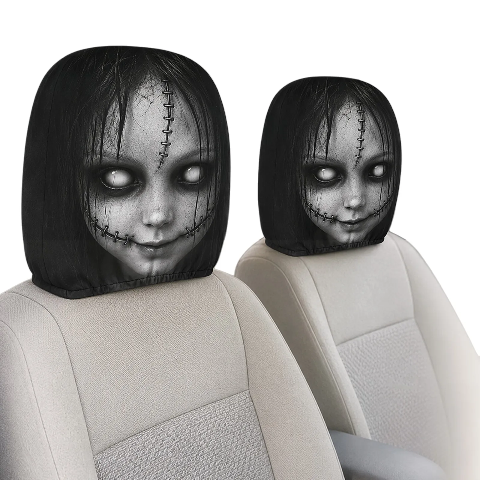 Car Headrest Cover 2PCS Ghost Face Print Elastic Stretch Universal Fit Pillow Sleeve