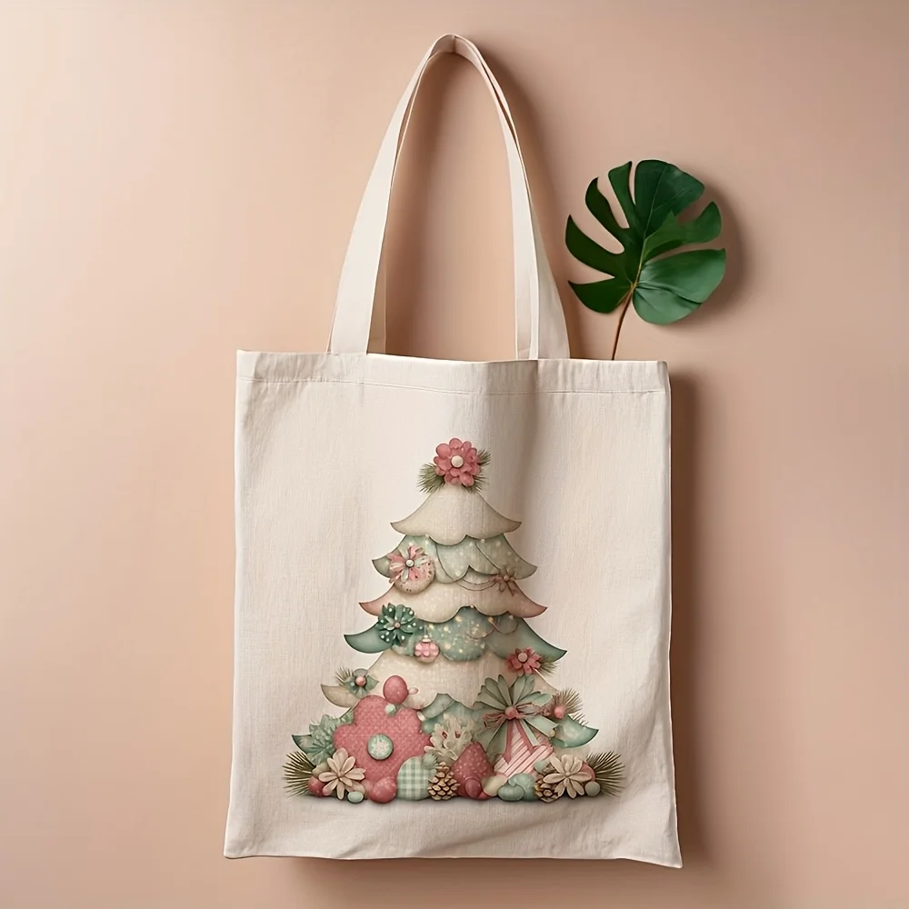 1pc Vintage Pastel Patchwork Tote Bag - Double-Sided Suitable for Daily Commute & Christmas Tree Print Bag, Suitable for,, Shopp