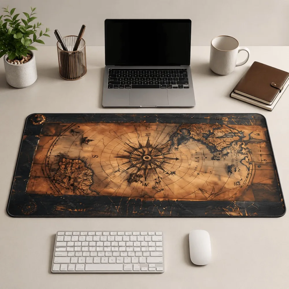 Retro treasure map table mat with printed world map with compass suitable for gamers and antislip surface for keyboards and mice