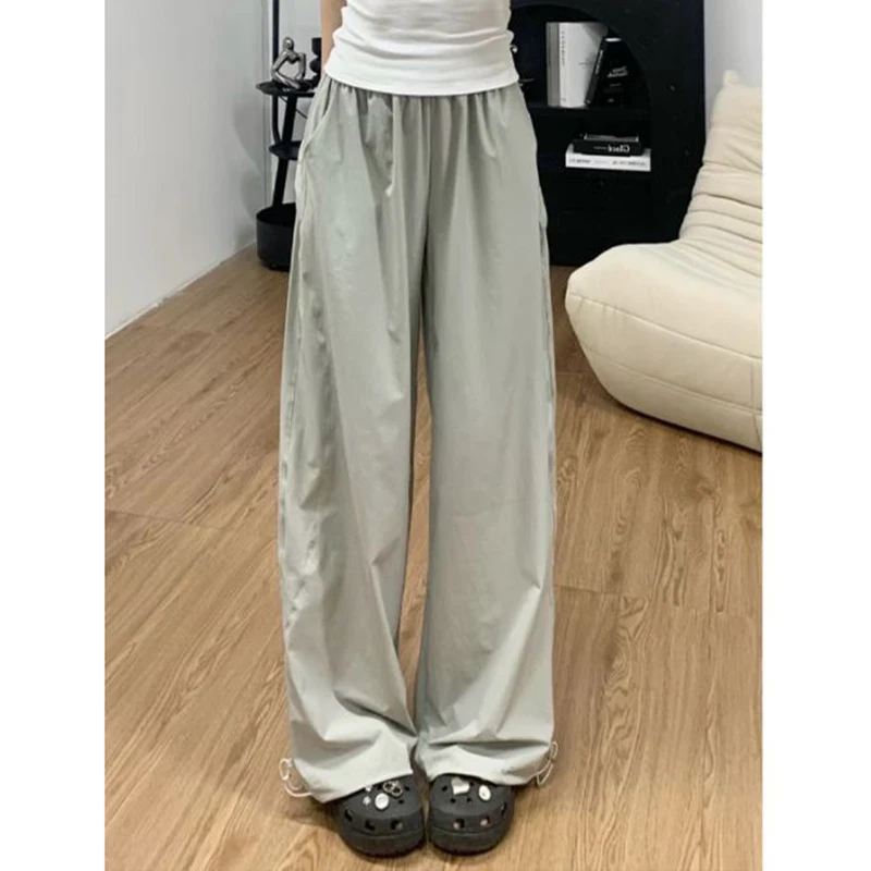 Girls Quick Drying High Waist Cargo Pants Female Classic Solid Straight Leg Pants Lady Korean Fashion Baggy Daily Trousers