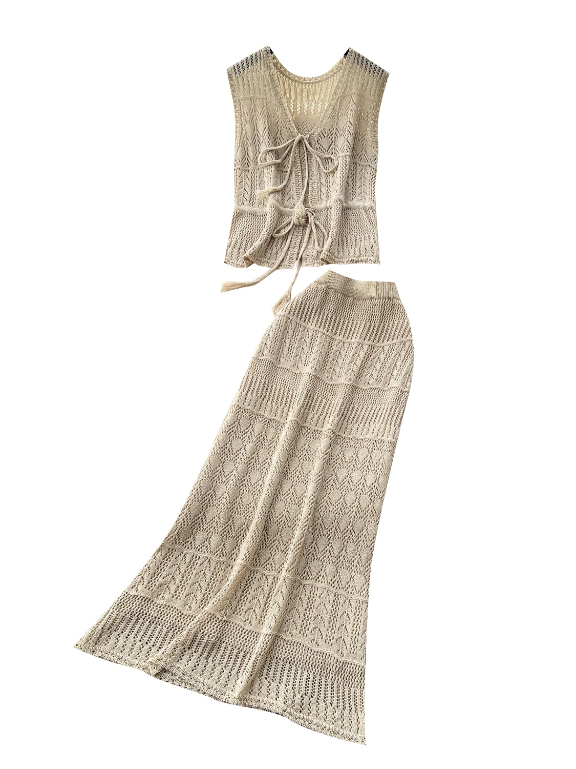 Conjunto de falda ajustada de cintura alta para mujer, Top de punto calado sin mangas con nudo atado, moda informal de ve...
