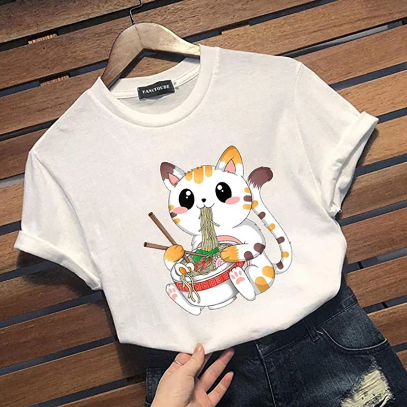 

Kawaii Cat Eating Ramen Pattern Printed T-shirt for Men Women Cute Cat Casual Comfortable Round Neck Short Sleeve T-shirt