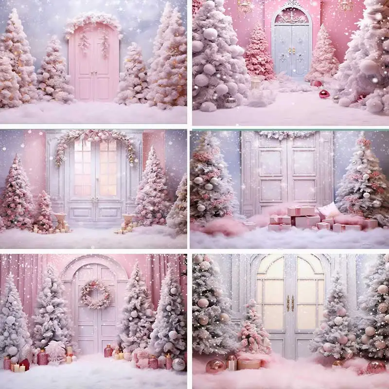 Pink Christmas Door Party Backdrops Adult Girl Birthday Photography Cake Smash Trees Gift Background Photo Shoot Studio