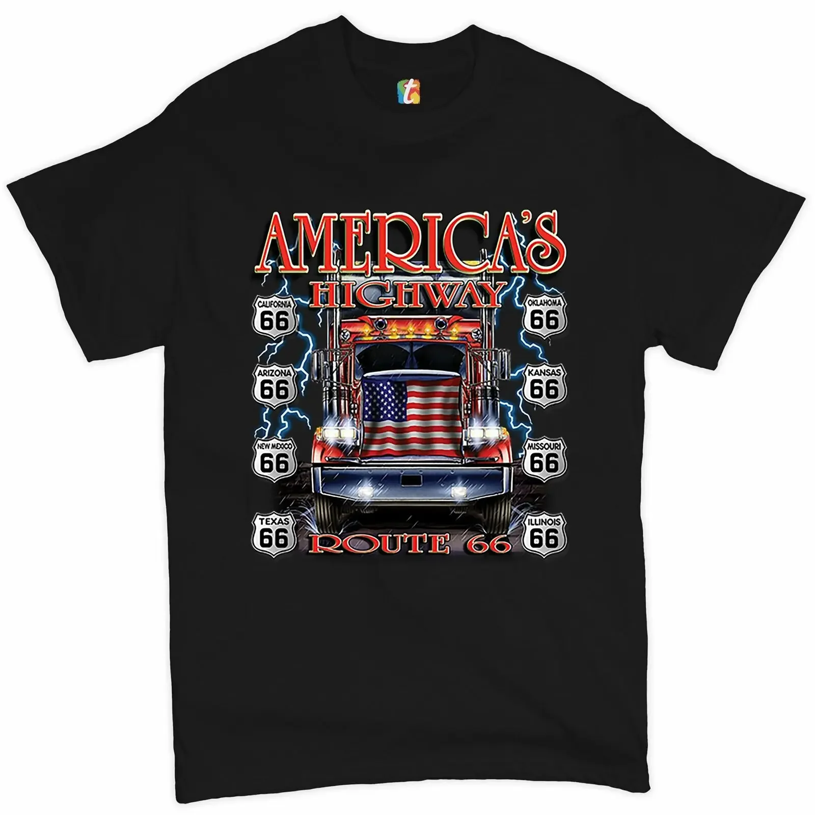 

America's Highways Route 66 Truck American Flag Trucker Gift T-Shirt 100% Cotton O-Neck Summer Short Sleeve Casual Mens T-shirt