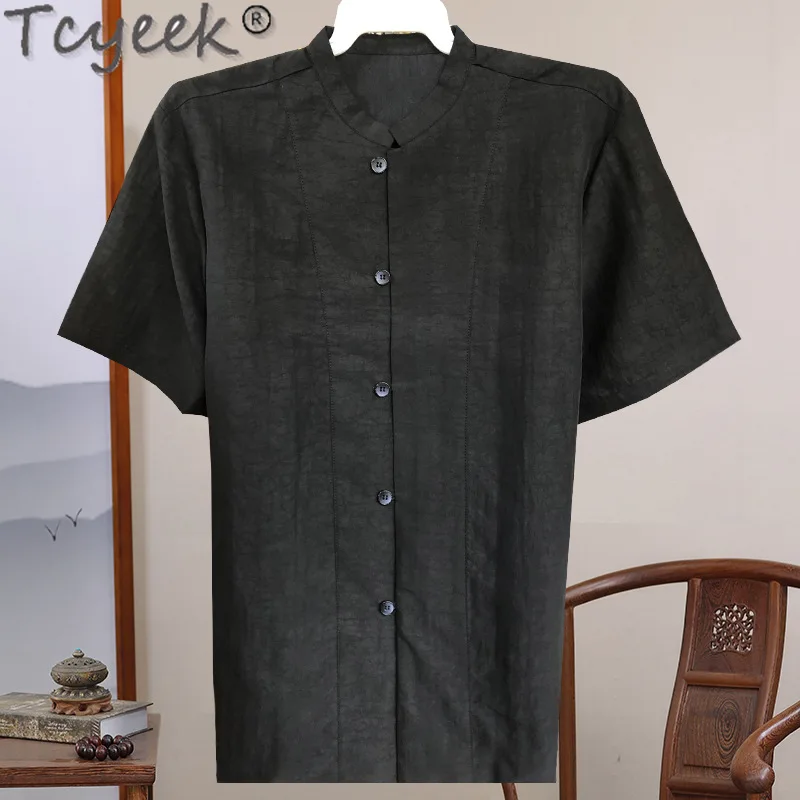 Tcyeek 100% Real Mulberry Silk Mens Shirts Summer Short Sleeve Top Stand Collar Black Shirt for Men Viantge Clothing 2024 قمصان