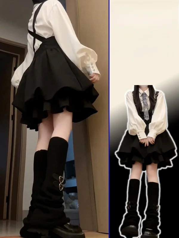 

plus Size Fashionable Lantern Sleeve Shirt Women's Spring New Style Slimming Puffy Skirt Two-Piece Set Waist-Cinching