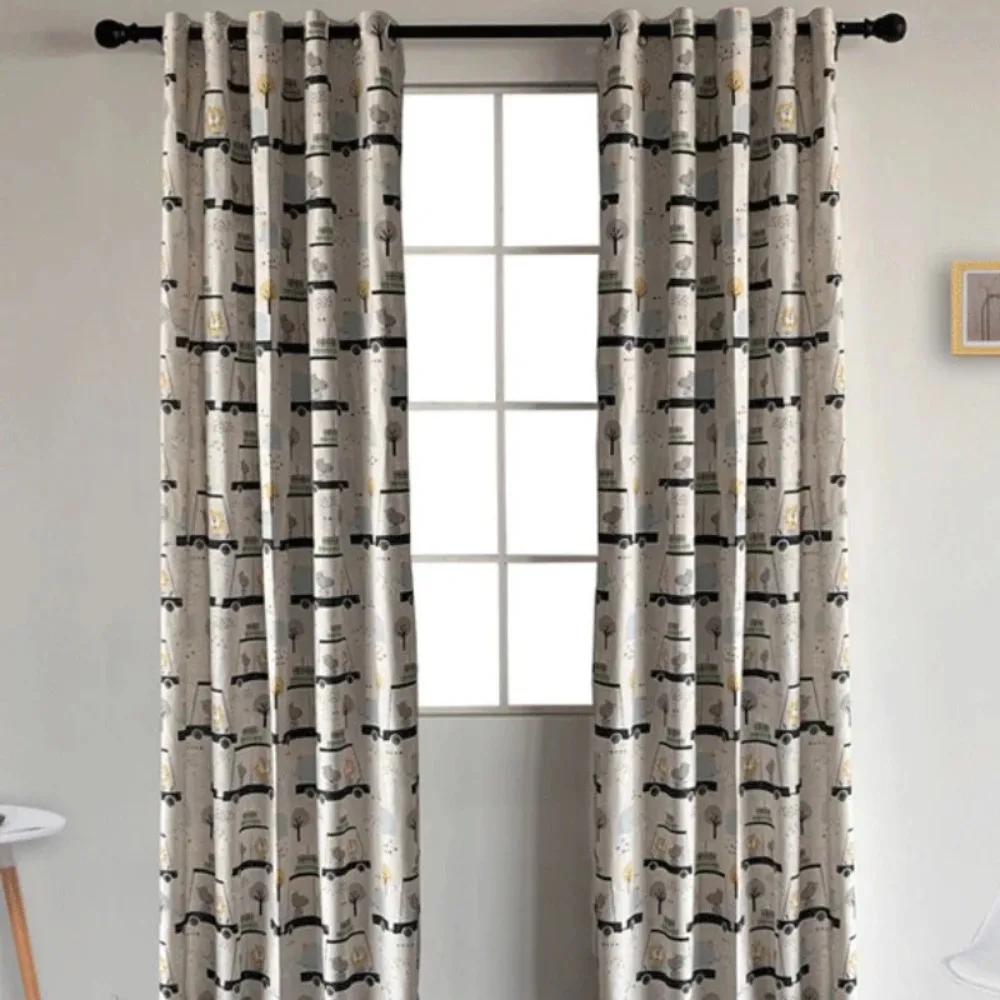 Simplicity Chinese Cartoon Children's Room Semi Shading Curtains Khaki Printed Linen Fabric Curtains Customized Window Curtains