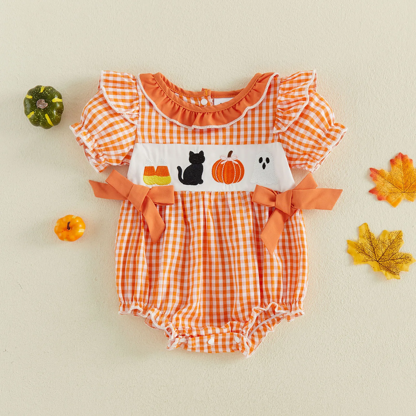 Baby Girl Halloween Romper Pumpkin Ghost Bow Embroidered Plaid Bows Ruffled Trim Crew Neck Short Sleeve Jumpsuit