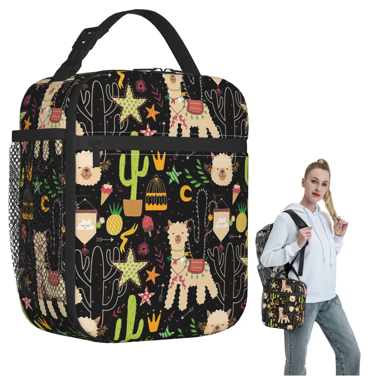 Cute Cactus Alpaca Pattern Insulated Lunch Bag for Women Kids Portable Food Boxes Thermal Lunch Box Tote